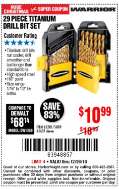 Harbor Freight Coupon 29 PIECE TITANIUM NITRIDE COATED HIGH SPEED STEEL DRILL BIT SET Lot No. 5889/61637/62281 Expired: 12/26/19 - $10.99