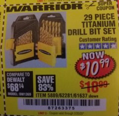 Harbor Freight Coupon 29 PIECE TITANIUM NITRIDE COATED HIGH SPEED STEEL DRILL BIT SET Lot No. 5889/61637/62281 Expired: 2/20/20 - $10.99
