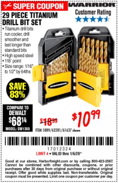 Harbor Freight Coupon 29 PIECE TITANIUM NITRIDE COATED HIGH SPEED STEEL DRILL BIT SET Lot No. 5889/61637/62281 Expired: 1/6/20 - $10.99