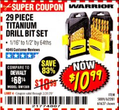 Harbor Freight Coupon 29 PIECE TITANIUM NITRIDE COATED HIGH SPEED STEEL DRILL BIT SET Lot No. 5889/61637/62281 Expired: 3/31/20 - $10.99