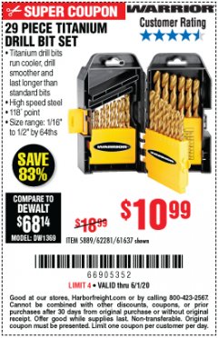 Harbor Freight Coupon 29 PIECE TITANIUM NITRIDE COATED HIGH SPEED STEEL DRILL BIT SET Lot No. 5889/61637/62281 Expired: 6/30/20 - $10.99