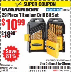 Harbor Freight Coupon 29 PIECE TITANIUM NITRIDE COATED HIGH SPEED STEEL DRILL BIT SET Lot No. 5889/61637/62281 Expired: 3/9/21 - $10.99