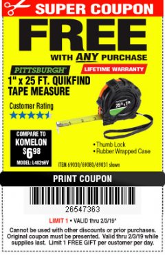 Harbor Freight FREE Coupon 1" X 25 FT. TAPE MEASURE Lot No. 69080/69030/69031 Expired: 2/3/19 - FWP
