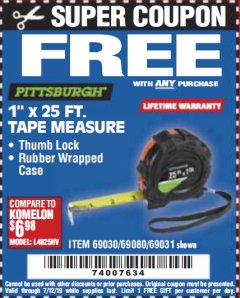 Harbor Freight FREE Coupon 1" X 25 FT. TAPE MEASURE Lot No. 69080/69030/69031 Expired: 7/12/19 - FWP