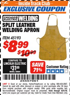 Harbor Freight ITC Coupon SPLIT LEATHER WELDING APRON Lot No. 45193 Expired: 8/31/18 - $8.99