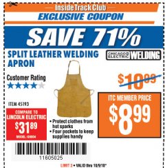 Harbor Freight ITC Coupon SPLIT LEATHER WELDING APRON Lot No. 45193 Expired: 10/9/18 - $8.99