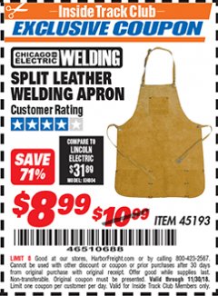 Harbor Freight ITC Coupon SPLIT LEATHER WELDING APRON Lot No. 45193 Expired: 11/30/18 - $8.99