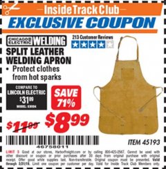 Harbor Freight ITC Coupon SPLIT LEATHER WELDING APRON Lot No. 45193 Expired: 5/31/19 - $8.99