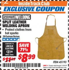 Harbor Freight ITC Coupon SPLIT LEATHER WELDING APRON Lot No. 45193 Expired: 11/30/19 - $8.99