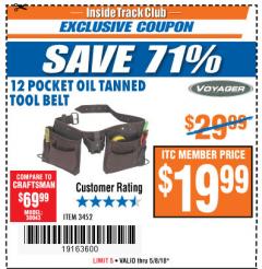 Harbor Freight ITC Coupon 12 POCKET OIL TANNED LEATHER TOOL BELT Lot No. 3452 Expired: 5/8/18 - $19.99