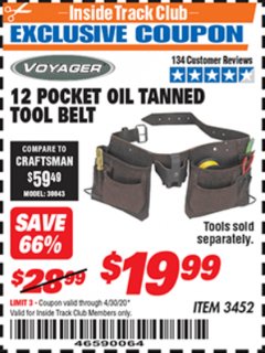 Harbor Freight ITC Coupon 12 POCKET OIL TANNED LEATHER TOOL BELT Lot No. 3452 Expired: 4/30/20 - $19.99