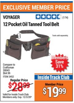 Harbor Freight ITC Coupon 12 POCKET OIL TANNED LEATHER TOOL BELT Lot No. 3452 Expired: 12/3/20 - $19.99