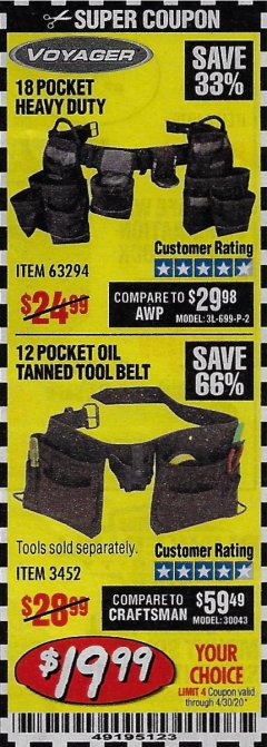 Harbor Freight Coupon 12 POCKET OIL TANNED LEATHER TOOL BELT Lot No. 3452 Expired: 6/30/20 - $19.99