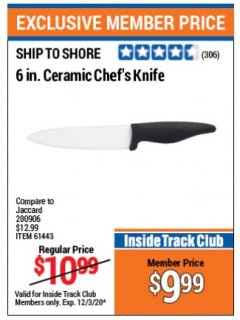 Harbor Freight ITC Coupon 6" CERAMIC CHEF'S KNIFE Lot No. 61443/98186 Expired: 12/3/20 - $9.99