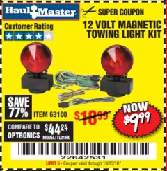 Harbor Freight Coupon 12 VOLT MAGNETIC TOWING LIGHT KIT Lot No. 62517/62753/67455/69626/69925/63100 Expired: 10/15/18 - $9.99