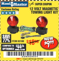 Harbor Freight Coupon 12 VOLT MAGNETIC TOWING LIGHT KIT Lot No. 62517/62753/67455/69626/69925/63100 Expired: 10/15/18 - $9.99