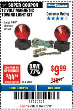 Harbor Freight Coupon 12 VOLT MAGNETIC TOWING LIGHT KIT Lot No. 62517/62753/67455/69626/69925/63100 Expired: 7/2/18 - $9.99
