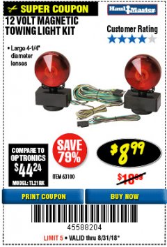 Harbor Freight Coupon 12 VOLT MAGNETIC TOWING LIGHT KIT Lot No. 62517/62753/67455/69626/69925/63100 Expired: 8/31/18 - $8.99