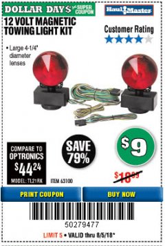 Harbor Freight Coupon 12 VOLT MAGNETIC TOWING LIGHT KIT Lot No. 62517/62753/67455/69626/69925/63100 Expired: 8/5/18 - $9
