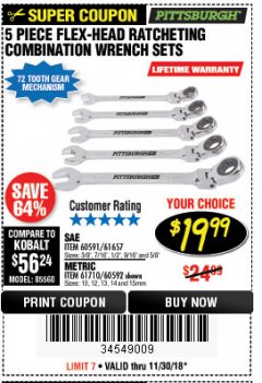 Harbor Freight Coupon 5 PIECE FLEX-HEAD COMBO WRENCH SETS Lot No. 60591/61657/60592/61710 Expired: 11/30/18 - $19.99