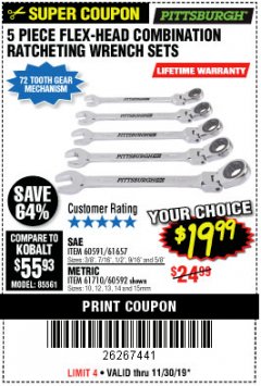 Harbor Freight Coupon 5 PIECE FLEX-HEAD COMBO WRENCH SETS Lot No. 60591/61657/60592/61710 Expired: 11/30/19 - $19.99