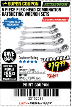 Harbor Freight Coupon 5 PIECE FLEX-HEAD COMBO WRENCH SETS Lot No. 60591/61657/60592/61710 Expired: 12/8/19 - $19.99