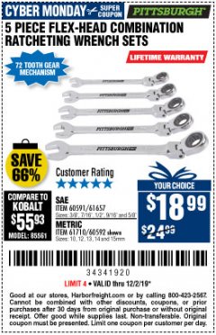 Harbor Freight Coupon 5 PIECE FLEX-HEAD COMBO WRENCH SETS Lot No. 60591/61657/60592/61710 Expired: 12/2/19 - $18.99