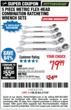 Harbor Freight Coupon 5 PIECE FLEX-HEAD COMBO WRENCH SETS Lot No. 60591/61657/60592/61710 Expired: 2/7/20 - $19.99