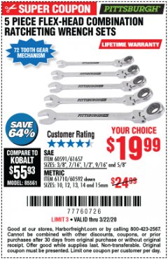 Harbor Freight Coupon 5 PIECE FLEX-HEAD COMBO WRENCH SETS Lot No. 60591/61657/60592/61710 Expired: 3/22/20 - $19.99
