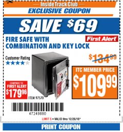 Harbor Freight ITC Coupon FIRESAFE WITH COMBINATION AND KEY LOCK Lot No. 97570 Expired: 12/26/18 - $109.99
