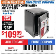 Harbor Freight ITC Coupon FIRESAFE WITH COMBINATION AND KEY LOCK Lot No. 97570 Expired: 6/5/19 - $109.99