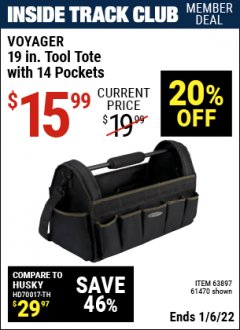 Harbor Freight ITC Coupon 19" TOOL TOTE Lot No. 61470/62372 Expired: 1/6/22 - $15.99