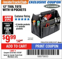 Harbor Freight ITC Coupon 12" TOOL TOTE Lot No. 61471/62350/62485 Expired: 3/3/20 - $9.99