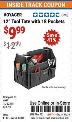 Harbor Freight ITC Coupon 12" TOOL TOTE Lot No. 61471/62350/62485 Expired: 8/31/20 - $9.99