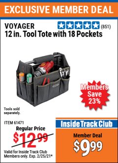 Harbor Freight ITC Coupon 12" TOOL TOTE Lot No. 61471/62350/62485 Expired: 2/25/21 - $9.99