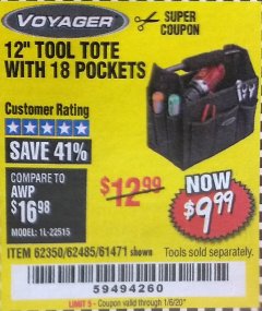 Harbor Freight Coupon 12" TOOL TOTE Lot No. 61471/62350/62485 Expired: 1/6/20 - $9.99
