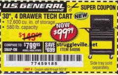 Harbor Freight Coupon 26/30", 4 DRAWER TOOL CART Lot No. 95659/61634/61952 Expired: 9/2/18 - $99.99