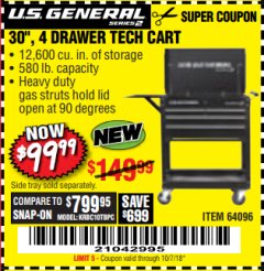 Harbor Freight Coupon 26/30", 4 DRAWER TOOL CART Lot No. 95659/61634/61952 Expired: 10/7/18 - $99.99