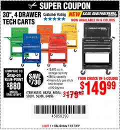 Harbor Freight Coupon 26/30", 4 DRAWER TOOL CART Lot No. 95659/61634/61952 Expired: 11/17/19 - $149.99