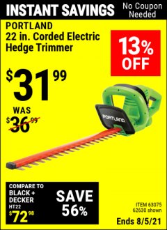 Harbor Freight Coupon 22" ELECTRIC HEDGE TRIMMER Lot No. 62339/62630 Expired: 8/5/21 - $31.99