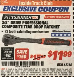 Harbor Freight ITC Coupon 3/8" DRIVE PROFESSIONAL COMPOSITE TEAR DROP RATCHET Lot No. 62318 Expired: 5/31/19 - $11.99