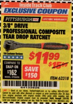 Harbor Freight ITC Coupon 3/8" DRIVE PROFESSIONAL COMPOSITE TEAR DROP RATCHET Lot No. 62318 Expired: 7/31/19 - $11.99