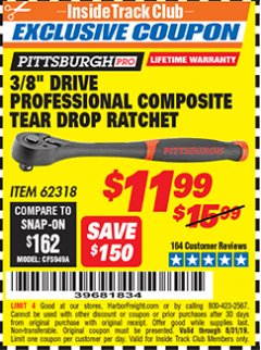 Harbor Freight ITC Coupon 3/8" DRIVE PROFESSIONAL COMPOSITE TEAR DROP RATCHET Lot No. 62318 Expired: 8/31/19 - $11.99