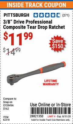 Harbor Freight ITC Coupon 3/8" DRIVE PROFESSIONAL COMPOSITE TEAR DROP RATCHET Lot No. 62318 Expired: 8/31/20 - $11.99