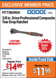 Harbor Freight ITC Coupon 3/8" DRIVE PROFESSIONAL COMPOSITE TEAR DROP RATCHET Lot No. 62318 Expired: 10/31/20 - $11.99