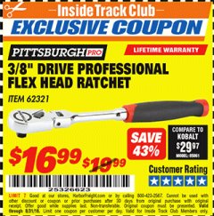 Harbor Freight ITC Coupon 3/8" DRIVE PROFESSIONAL FLEX-HEAD RATCHET Lot No. 62321 Expired: 8/31/18 - $16.99
