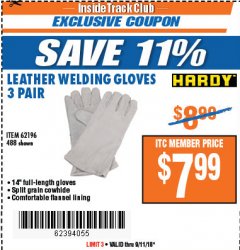 Harbor Freight ITC Coupon 14" LEATHER WELDING GLOVES 3 PAIR Lot No. 488/62196 Expired: 9/11/18 - $7.99