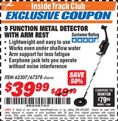 Harbor Freight ITC Coupon 9 FUNCTION METAL DETECTOR WITH ARM REST Lot No. 62307/67378 Expired: 11/30/18 - $39.99