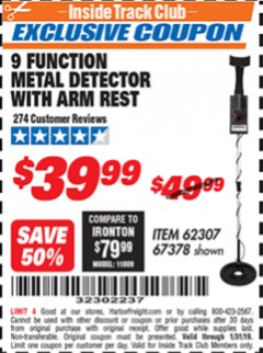 Harbor Freight ITC Coupon 9 FUNCTION METAL DETECTOR WITH ARM REST Lot No. 62307/67378 Expired: 1/31/19 - $39.99