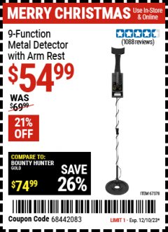 Harbor Freight Coupon 9 FUNCTION METAL DETECTOR WITH ARM REST Lot No. 62307/67378 Expired: 12/10/23 - $54.99